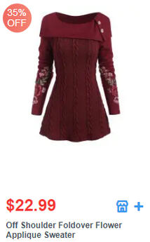 Off Shoulder Foldover Flower Applique Sweater