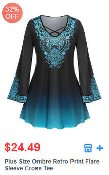 Plus Size Ombre Retro Print Flare Sleeve Cross Tee