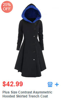 Plus Size Contrast Asymmetric Hooded Skirted Trench Coat