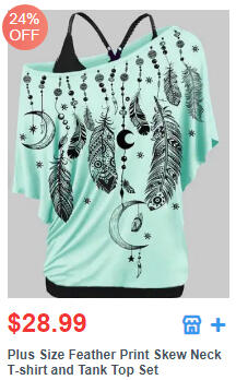 Plus Size Feather Print Skew Neck T-shirt and Tank Top Set
