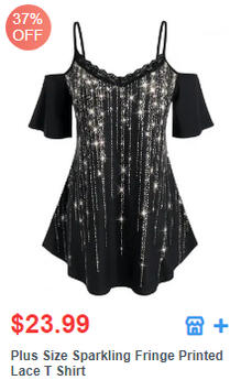 Plus Size Sparkling Fringe Printed Lace T Shirt
