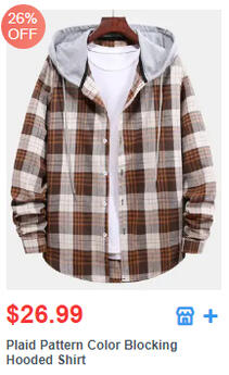 Plaid Pattern Color Blocking Hooded Shirt